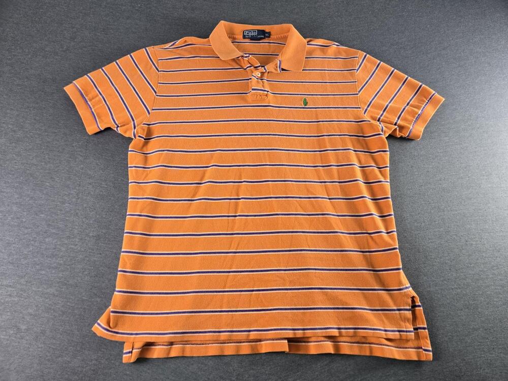 Polo By Ralph Lauren Polo Shirt Mens XL Orange Striped Cotton Knit Logo Casual